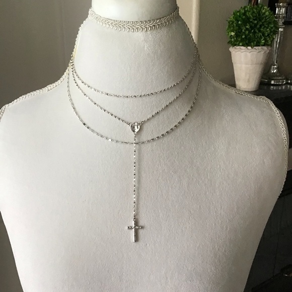 Cross Necklace Delicate 3-Chain Silver-Tone Waterfall Rosary Style Boho Feminine - Picture 1 of 8
